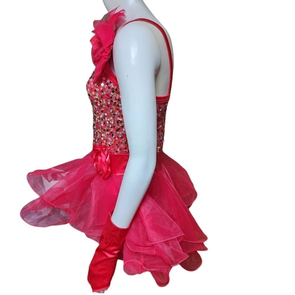 Weissman Pink Sequin & Mesh Dance Costume, Gloves, & Hair Bow (XL) - Picture 3 of 5
